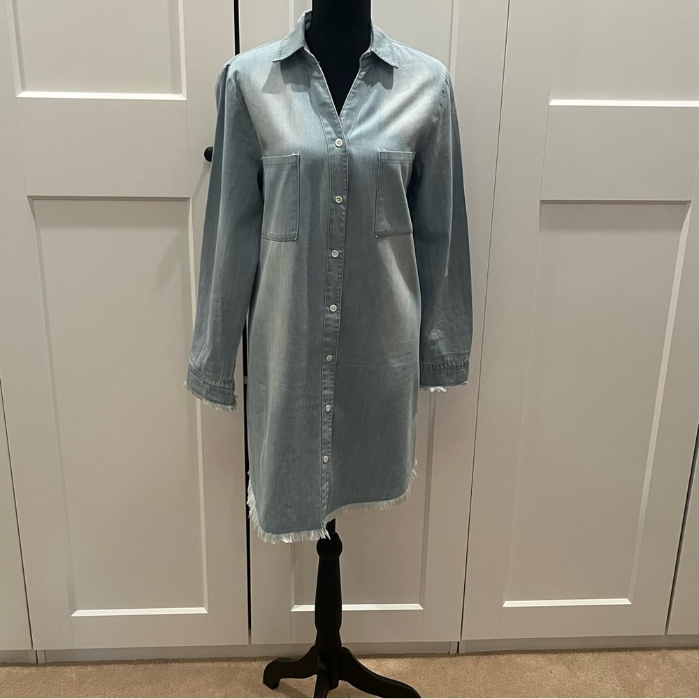 Zilcremo Light Blue Denim Shirt Dress with Frayed Hem